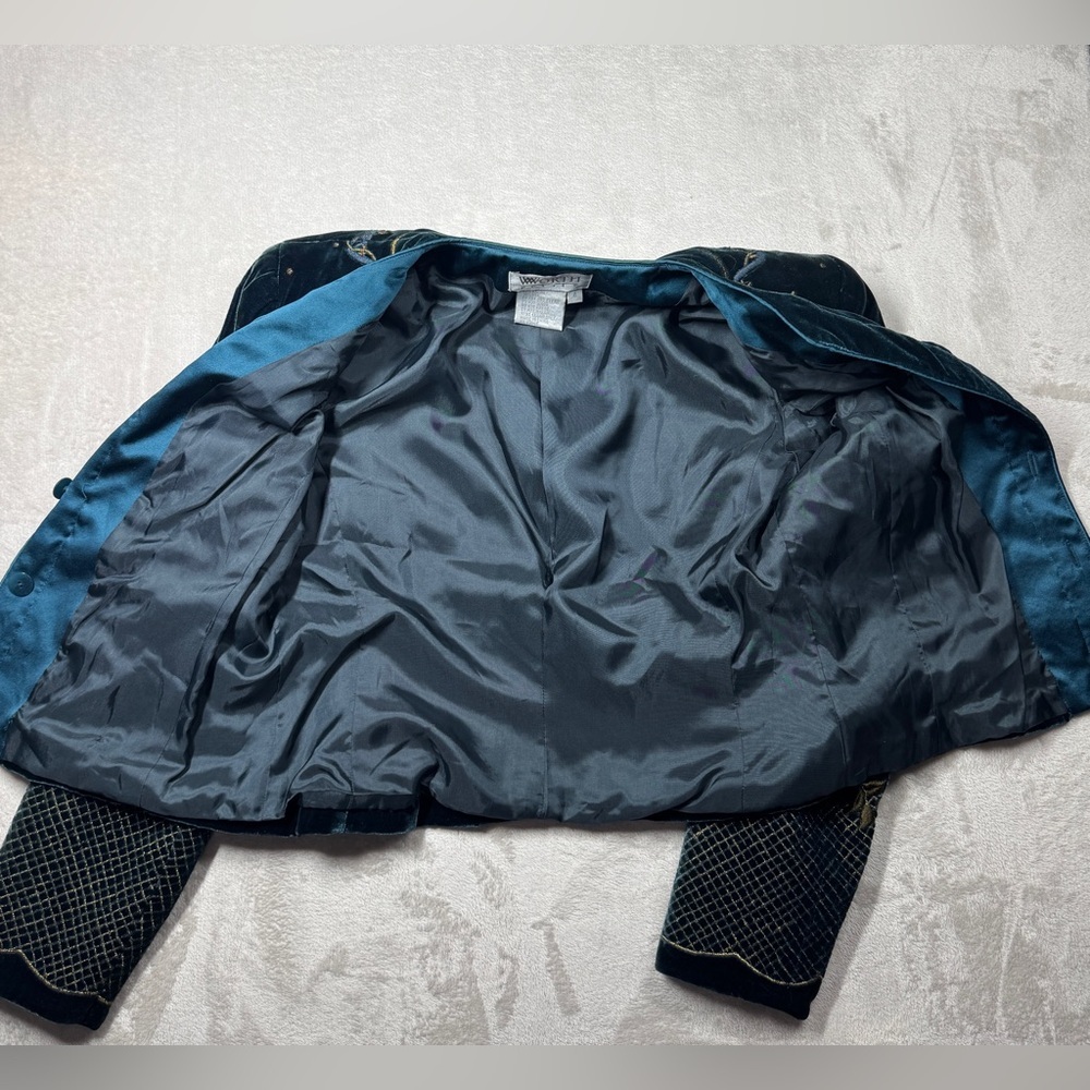 Vintage Worth Silk Blend Dark Teal Velvet Embroidered Celestial Blazer Size 4P - Picture 8 of 17